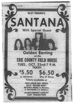 Santana show ad with Golden Earring show Erie, Pennsylvania - Country Fieldhouse October 22, 1974